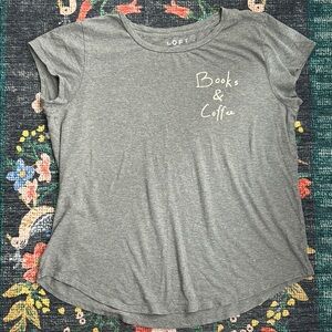Loft “Books & Coffee” Gray Cap Sleeve Graphic Tee, Size Large